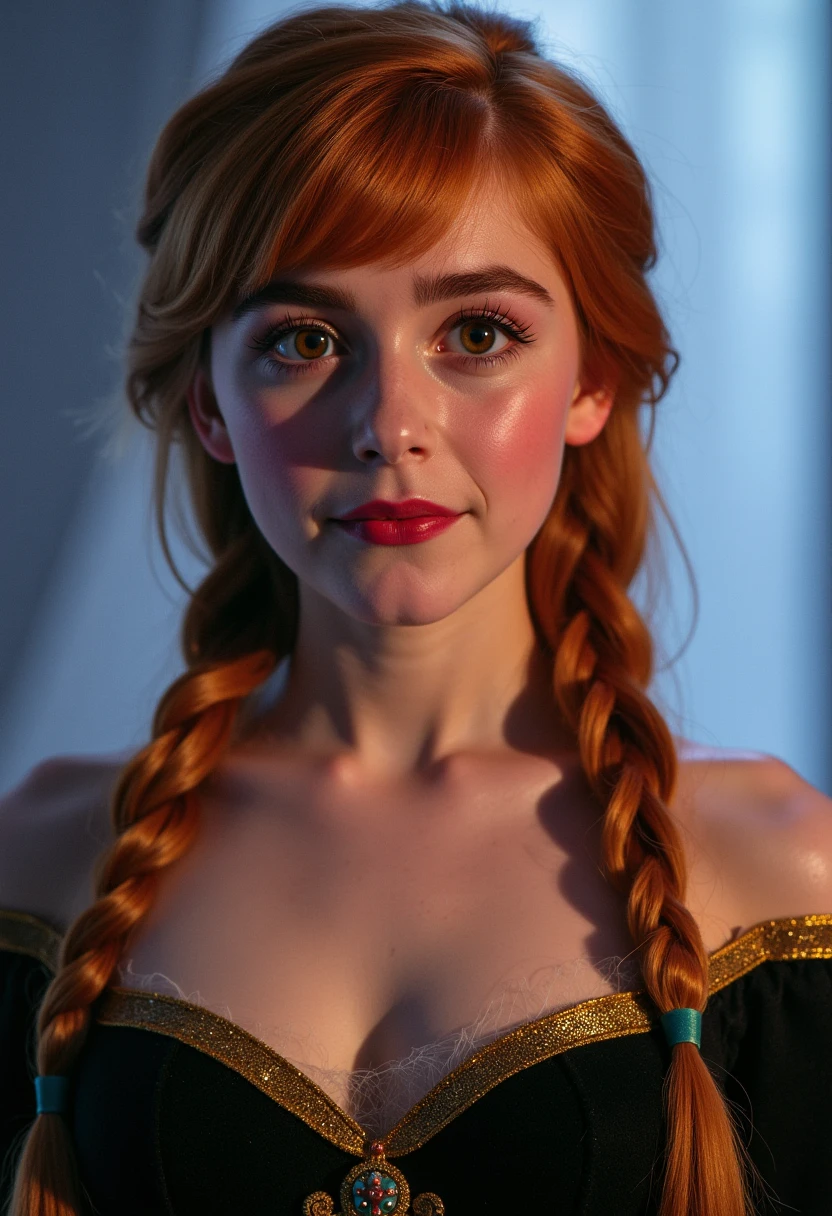 A stunning portrait of Princess Anna of Arendelle, young and beautiful, hyper realistic, real portrait, backlit, exquisite features, cleavage, sexy, seductive