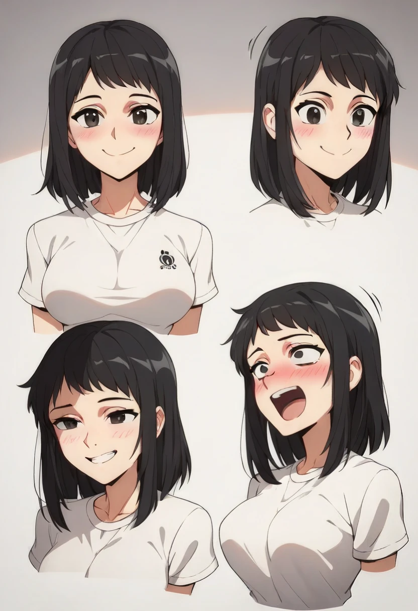 score_9, score_8_up, score_7_up, source_anime, best quality, clear face, friend's sister, black hair, black eyes, medium hair, large breasts, perfect body, looking at , cute embrassed,happy,lewd face,blush,wearing tight plain white shirt,view ,big tit,hot,r,motion lines,motioon lines,hourglass body,sexy,only upper body,close to face,focus face,head focus,Expression Anime Character Sheet, sensitive 