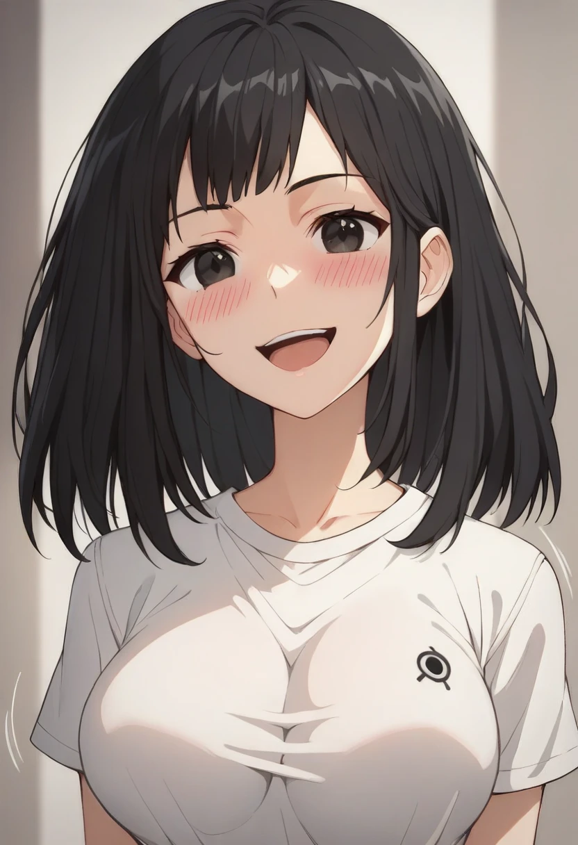 score_9, score_8_up, score_7_up, source_anime, best quality, clear face, friend's sister, black hair, black eyes, medium hair, large breasts, perfect body, looking at , cute embrassed,happy,lewd face,blush,wearing tight plain white shirt,view ,big tit,hot,r,motion lines,motioon lines,hourglass body,sexy,only upper body,close to face,focus face,head focus,Expression Anime Character Sheet, sensitive 