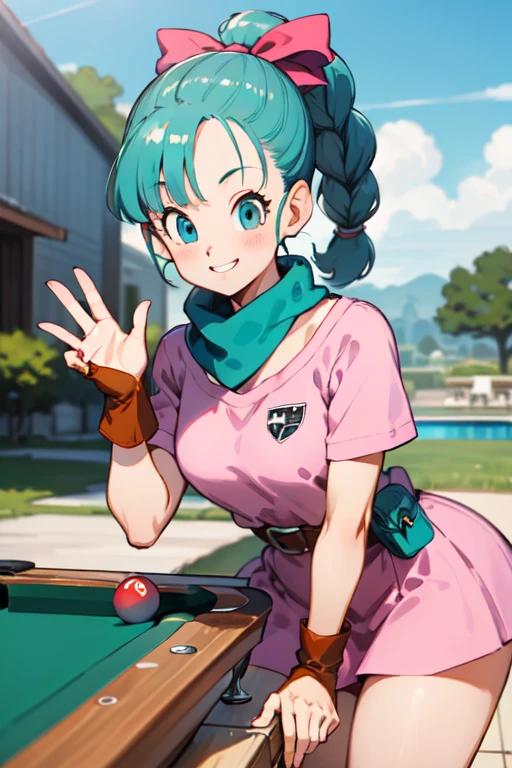 masterpiece, best quality, high resolution, dragon ball, blmpony, aqua hair, hair ribbon, braided ponytail, pink shirt, belt, scarf, pink skirt, clothes writing, brown gloves, medium breasts, in back pose, playing pool table, leaning on the pool table with her butt up high showing her ass