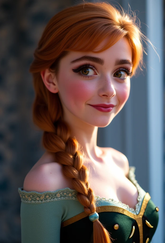 A stunning portrait of Princess Anna of Arendelle, young and beautiful, hyper realistic, real portrait, backlit, exquisite features, cleavage, sexy, seductive