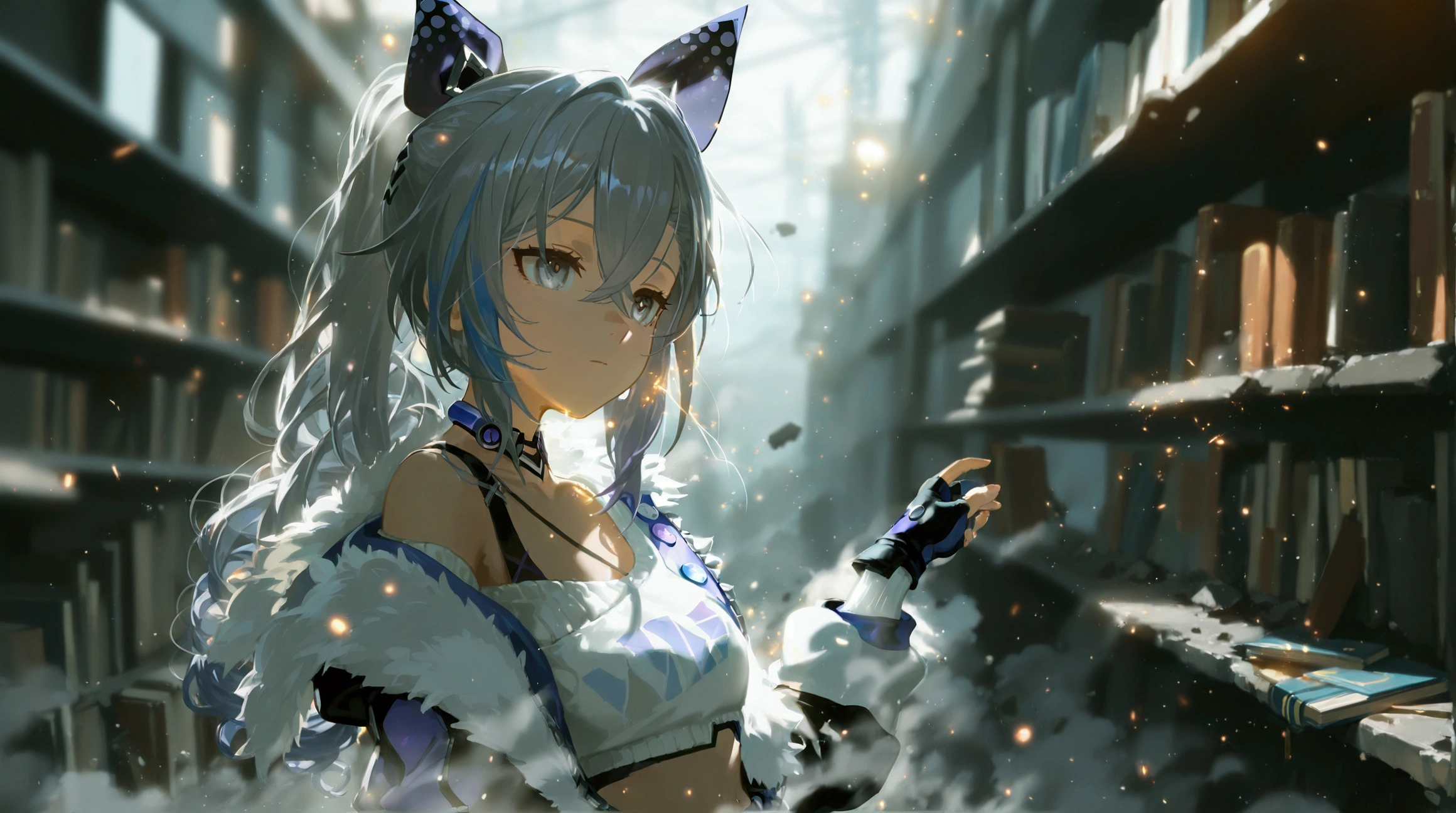 silver wolf (honkai: star rail), grey hair, long hair, 1girl, grey eyes, black coat, white sweater, black pants, fingerless gloves, full body, overhead shot, standing in front of the wall, mysterious light emanates from the wall, reached out to the wall, debris, scattered books, open cabinets, sparks, particles, dust, post-apocalypse, gray and beige accents, vignette effect,cinematic lighting , cinematic angle, soft light , color detail, backlighting, Depth of field, long exposure, light steps,  intricate colors, vibrant colors,Low-key lighting Style