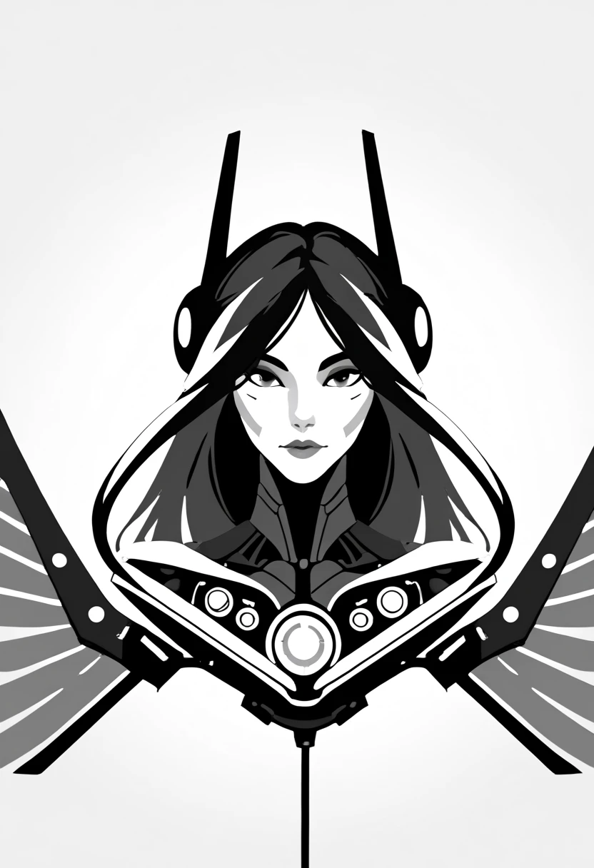 1girl, solo, monochrome, mechanical parts, greyscale, long hair, cyborg, android, cable, wings, makeup, science fiction, simple background, looking at viewer, upper body, zPDXL3,  PnyCmicXLPOS, detailxl,  (lineless, vector art:1.5)