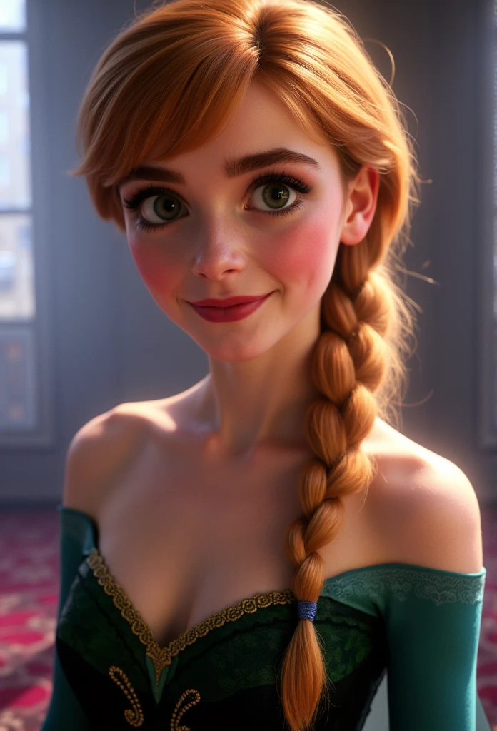 A stunning portrait of Princess Anna of Arendelle, young and beautiful, hyper realistic, real portrait, backlit, exquisite features, cleavage, sexy, seductive