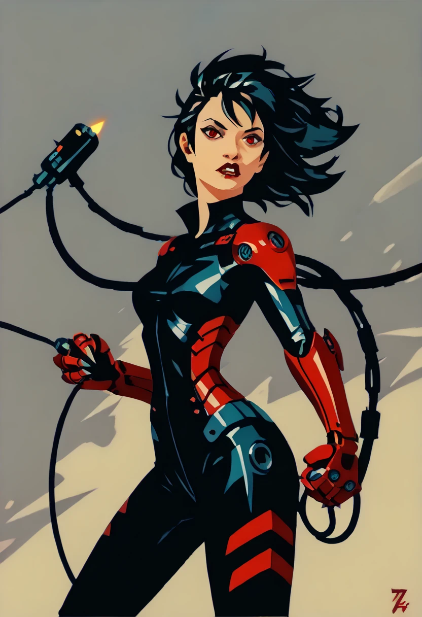 1girl, solo, cable, breasts, lipstick, medium breasts, claws, cyborg, black hair, traditional media, red eyes, teeth, zPDXL3,  PnyCmicXLPOS, detailxl,  (lineless, vector art:1.5)