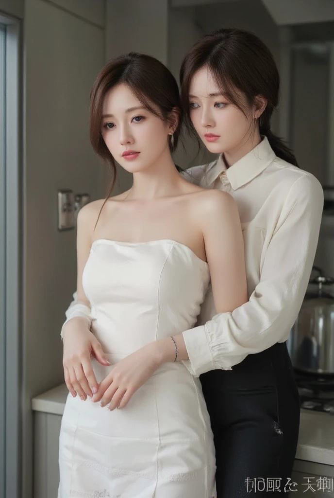 (High quality, realty, live action, magazine cover:1.2), Super slender white beautiful skinned Japanese beauty, 2 Japanese beauties, in kitchen, (hugging girl from behind:1.2),both breasts being squeezed with both hands