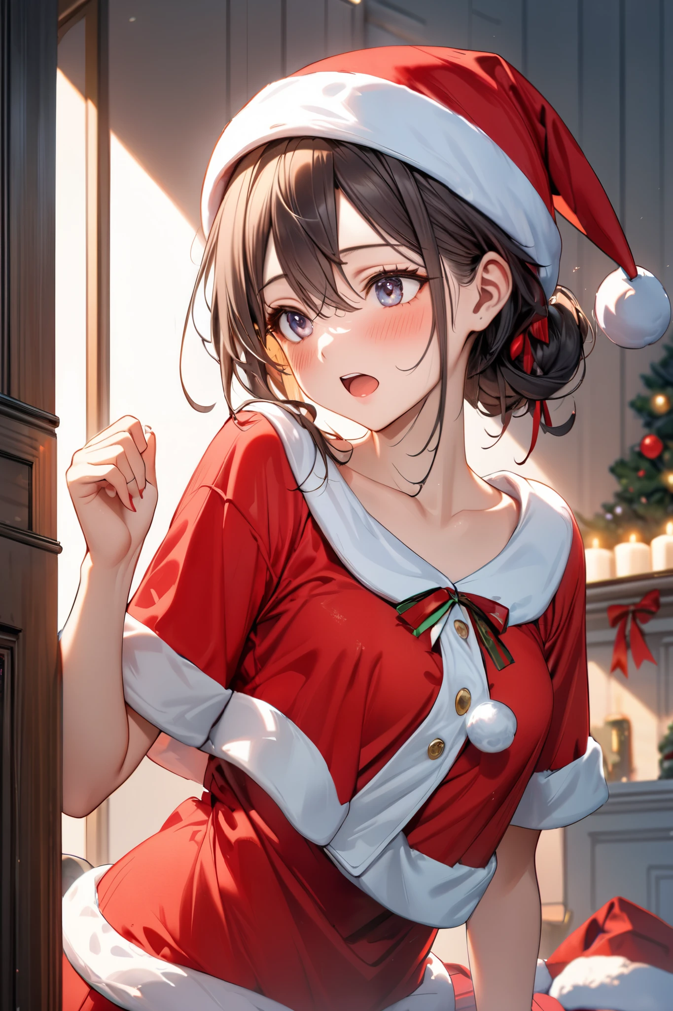 ((highest quality)), ((masterpiece)), (detailed), Perfect Face, masterpiece:1.2, highest quality), (Realistic, photoRealistic:1.4), Beautiful illustrations, (Natural Side Lighting, Cinema Lighting), Browsing Caution,Anime illustration, 非常にdetailedな, Absurd, Ultra-high resolution, 非常にdetailedな, highest quality, 1 short-haired, brown-eyed woman, alone, Nice hands, Perfect hands,Slightly chubby,Small breasts,The butt is small,She is wearing a fluffy white Christmas outfit with a red exterior.。. On top of the chest there is a breast holder.、It's free. She is wearing a Santa hat、Small breasts, The author is pictured with a decorated Christmas tree in the background.