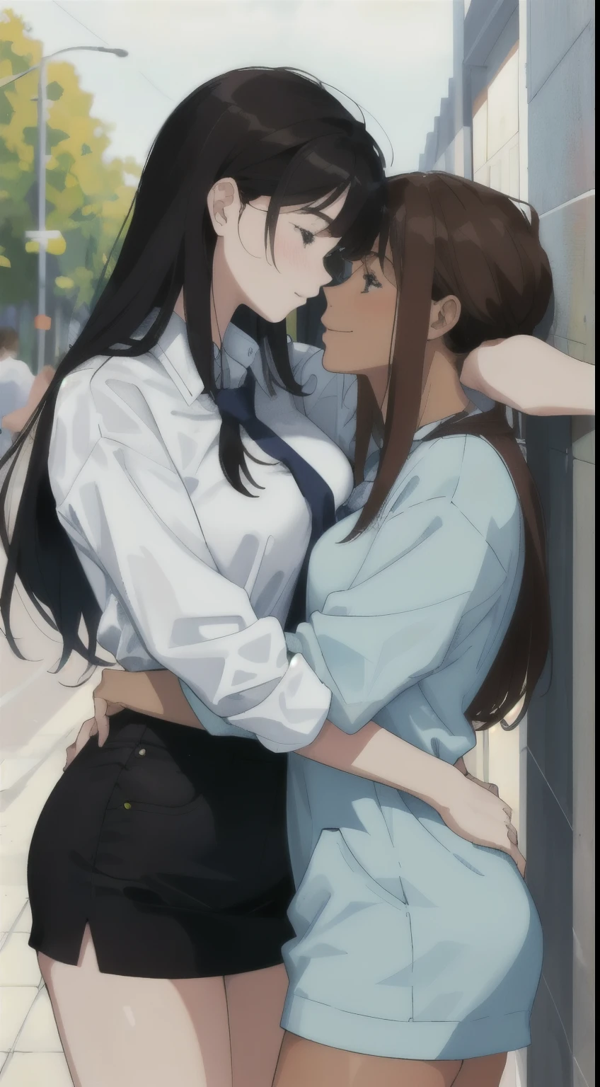 Two women hugging naked at a university, From high school,  on a hot summer day , sexy:1,5, yuri, lesbian,  Not suitable for work , lewd:1,5