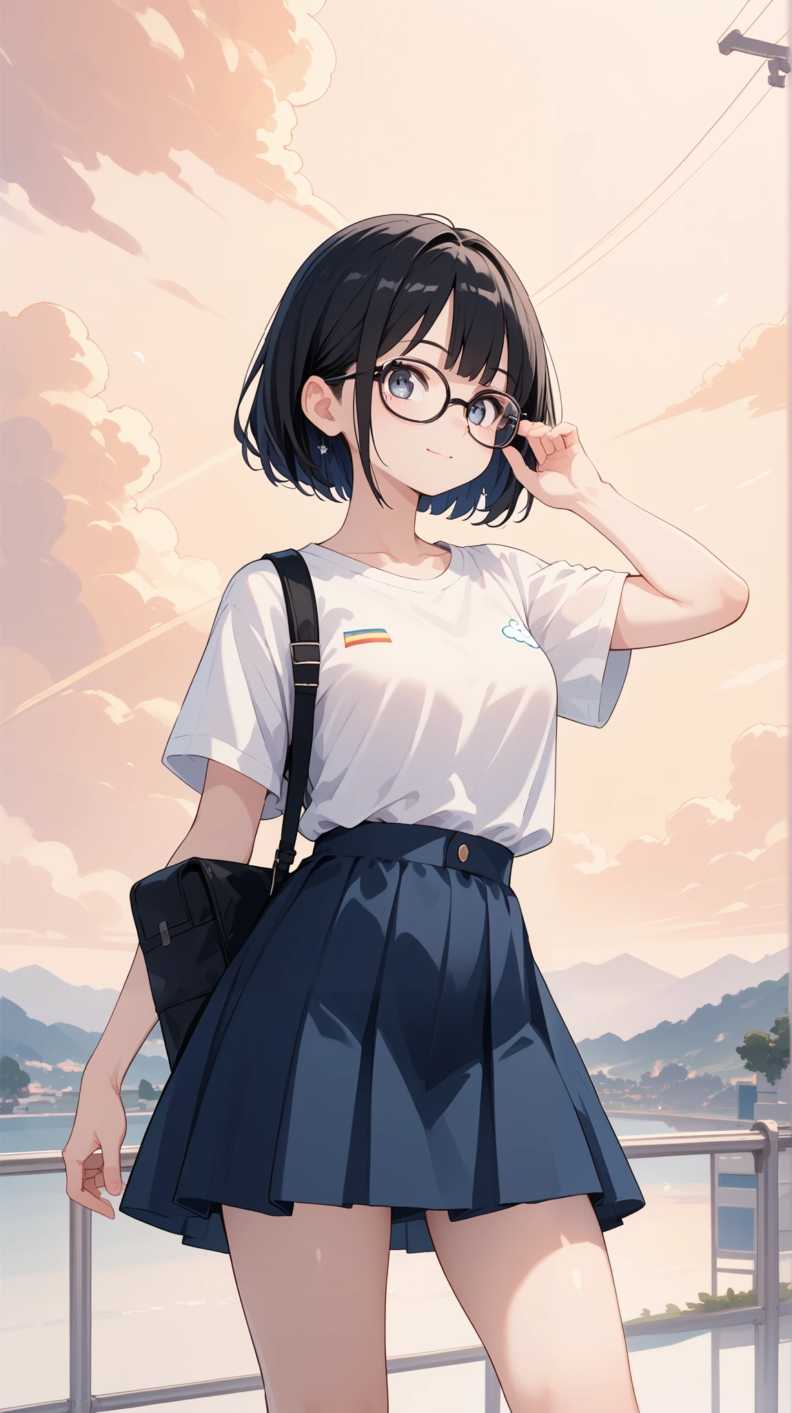 Black hair, glasses, looking at the rainbow sky