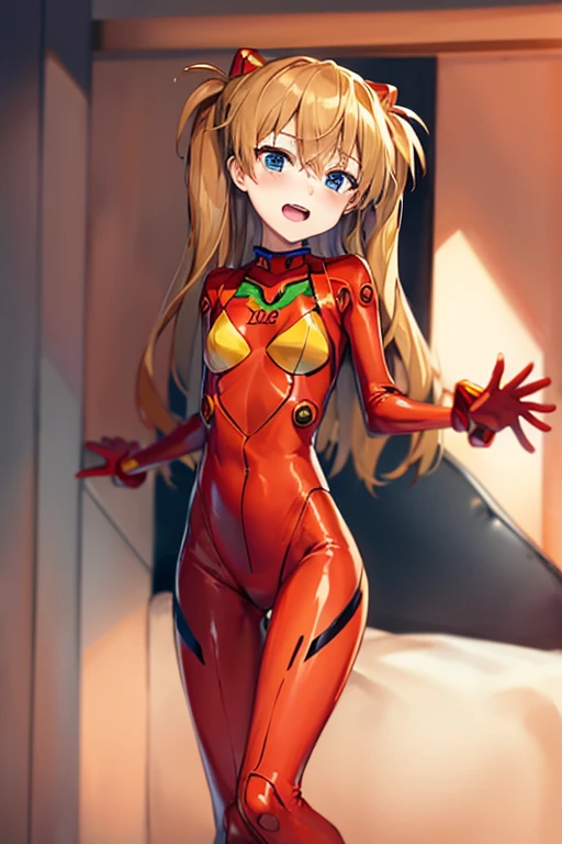 (( top quality)), ((masterpiece)), (be familiar with),  perfect face, indoor, bedroom,  watching viewers,
One woman,  Soryu Asuka Langley,
 open mouth,  ecstatic expression beside the piano, blush, smile,
 small tits,  flat chested, Young girl, Lori,  s,  girl,
 long hair,  Twin Tails ,
Leg spread,