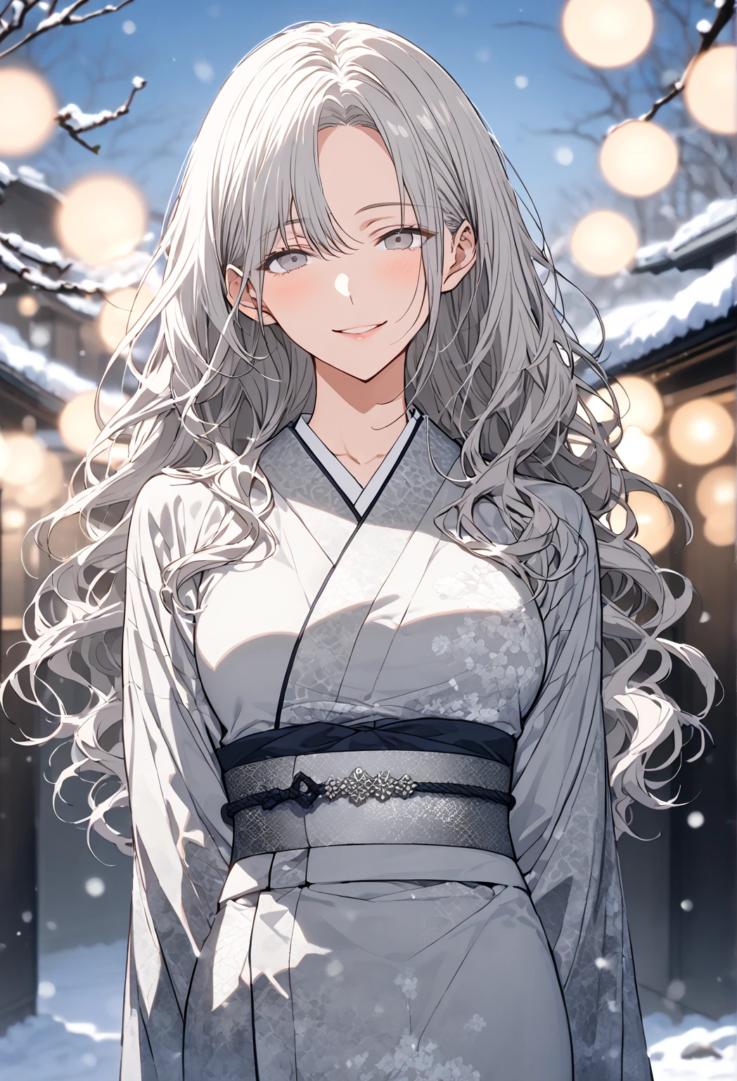 A busty mature woman with a calm expression, and elegant beauty. Looking at the viewer. She has silver color medium-length hair, wavy hair, slightly reflective, with delicate strands. ((silver color hair)), ((gray color eyes)), Her eyes are gray color.
She wears a pastel color beautiful Japanese kimono. 
((Semi full body shot)), She is ((standing)), blue sky, cherry blossom, sakura, snow, winter, beautiful view, cinematic depth of field, bokeh, (modest chest and slim body), (close mouth with a sweet warm smile, wife smile), arms are behind her back, elegant pose, 