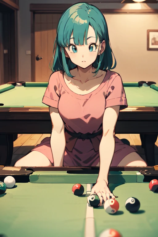 work of art, best qualityer, high resolution, Dragon sphere, blmpony, aqua hair, hair ribbon, braided ponytail, pink blouse, waist belt, tissue, pink skirt, clothes writing, brown gloves, medium breasts, in back pose, playing pool table, leaning against the pool table with her ass in the air, pink ultra mini dress,  tall showing her ass, show the loot