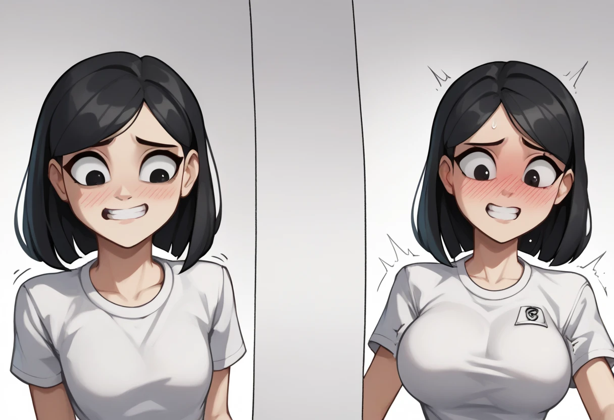 score_9, score_8_up, score_7_up, source_anime, best quality, clear face, friend's sister, black hair, black eyes, medium hair, large breasts, perfect body, looking at , cute embrassed,nervous,lewd face,blush,wearing tight plain white shirt,view ,big tit,hot,r,motion lines,motioon lines,hourglass body,sexy,onlu upper body,close to face,Breast Expansion,comic