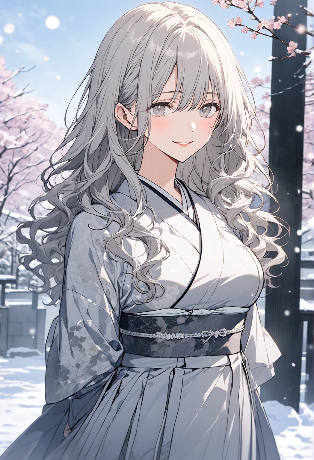 ((shoujo-style)), A busty mature woman with a calm expression, and elegant beauty. Looking at the viewer. She has silver color medium-length hair, wavy hair, slightly reflective, with delicate strands. ((silver color hair)), ((gray color eyes)), Her eyes are gray color.
She wears a pastel color beautiful Japanese kimono. 
((Semi full body shot)), She is ((standing)), blue sky, cherry blossom, sakura, snow, winter, beautiful view, cinematic depth of field, bokeh, (modest chest), (close mouth with a sweet warm smile, wife smile), arms are behind her back, elegant pose, 