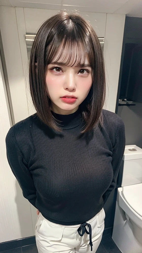 (((black long sleeve knit:1.2, white business pants))),((((brown short bob hair, bangs)))), (((standing, hands behind back))), (((angry face, clenched teeth, crying face:1.3)))、((junior face)), Japanese、((((Round face))))、(big cheeks)、((Cute Face))、(((Japanese idol)))、(((background: dark restroom))),  Ultra High Definition,  high image quality model,  retina,  top quality, High resolution、high resolution、in 8K,Highly detailed eyes and face、超High resolution, High resolution、high resolution、in 8K