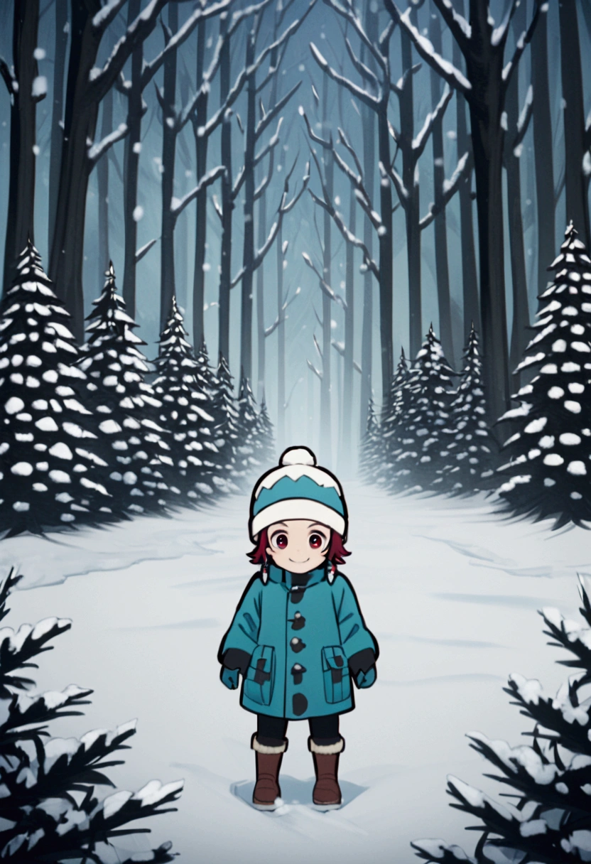 Tanjirou Kamado in snow Forest, Blue winter coat, winter hat, smile