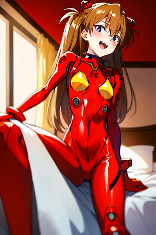 (( top quality)), ((masterpiece)), (be familiar with),  perfect face, indoor, bedroom,  watching viewers,
One woman,  Soryu Asuka Langley,
 open mouth,  ecstatic expression beside the piano, blush, smile,
 small tits,  flat chested, Young girl, Lori,  s,  girl,
 long hair,  Twin Tails ,
Leg spread,