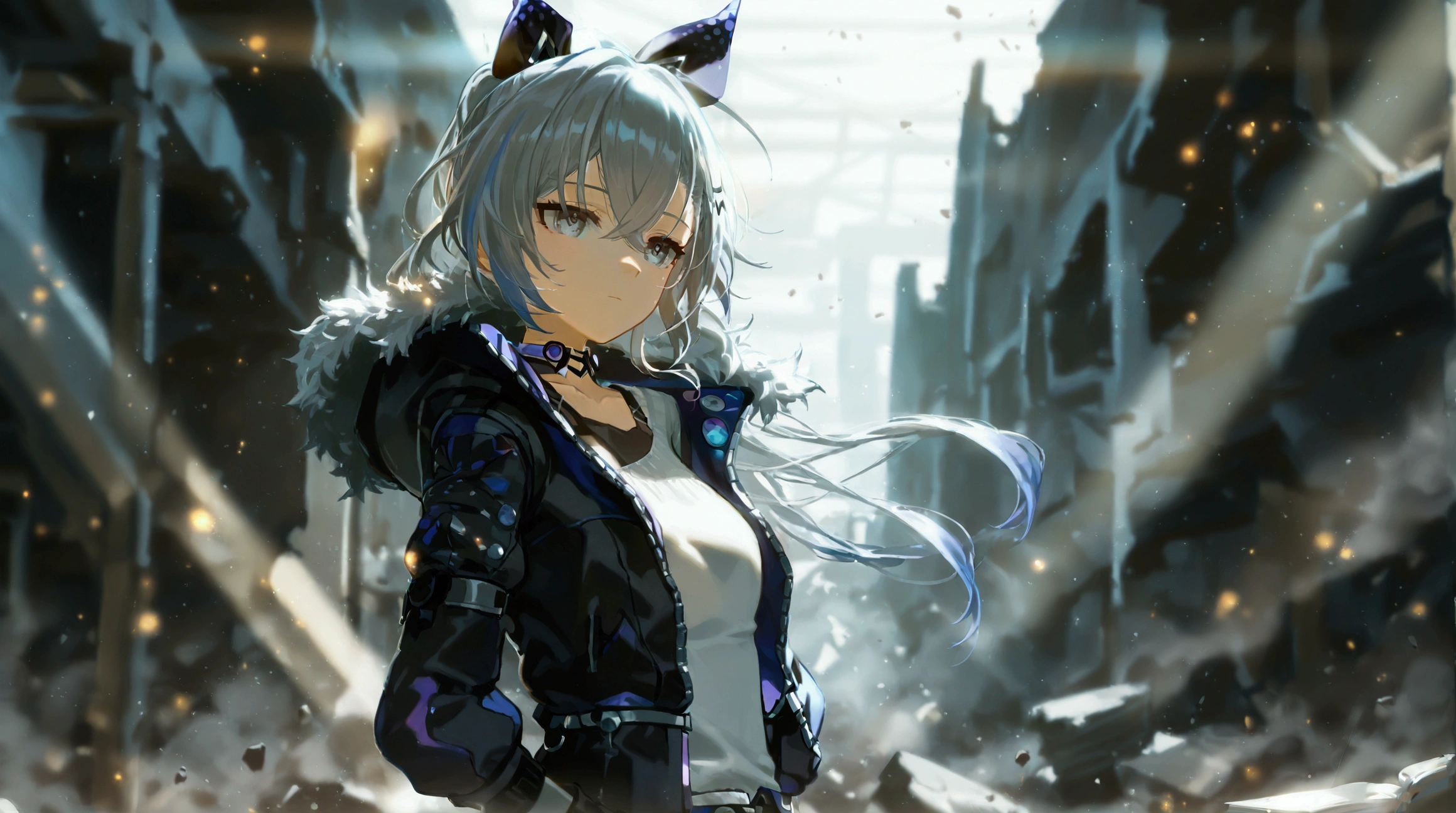 silver wolf (honkai: star rail), grey hair, long hair, 1girl, grey eyes, black coat, white sweater, black pants, fingerless gloves, full body, overhead shot, standing in front of the wall, mysterious light emanates from the wall, reached out to the wall, debris, scattered books, open cabinets, sparks, particles, dust, post-apocalypse, gray and beige accents, vignette effect,cinematic lighting , cinematic angle, soft light , color detail, backlighting, Depth of field, long exposure, light steps,  intricate colors, vibrant colors,Low-key lighting Style