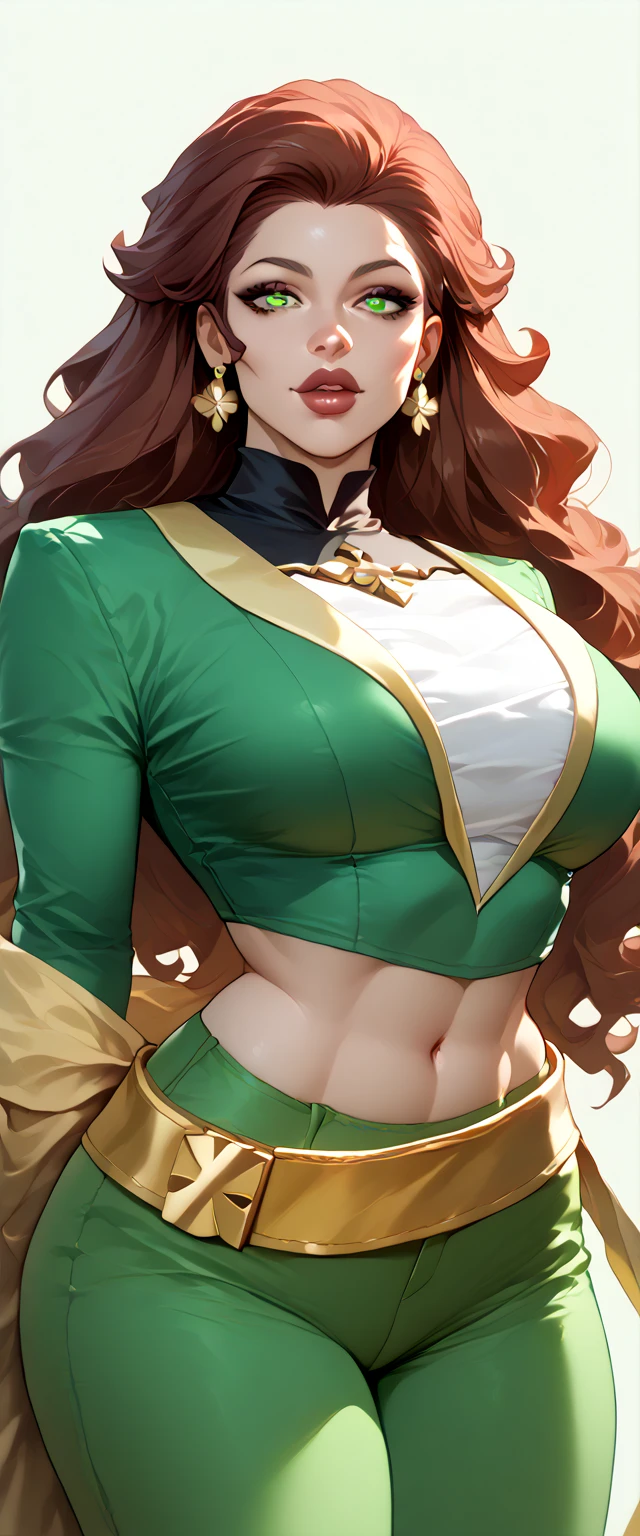 A Russian woman tender big breasted kind wavy hair longer bright red her eyes brown rectangle pupils big lips Rosa is light green military suit brushes yellow line shows navel and her light green pants wearing a yellow belt