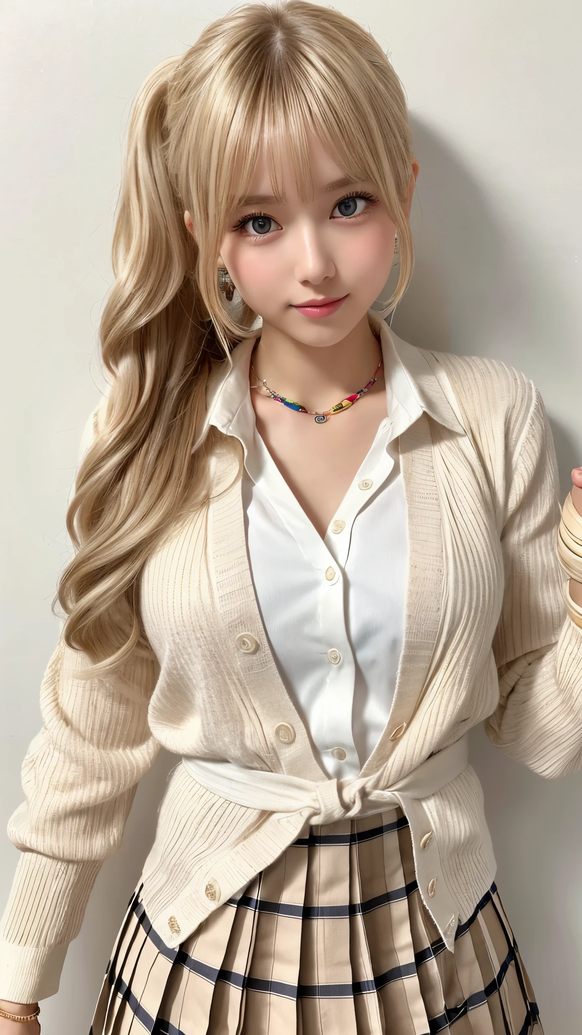 (((high ponytail)))、Curly Hair、Blonde Hair:2.0、((School Uniforms:1.2), (gyaru:1.2), (white shirt:1.3), (beige cardigan tied around waist:1.3),(plaid-pattern pleated-skirt:1.2), ((necklace,colorful bracelet,X hair ornament):1.2))、forehead、round face:2.0、cowboy shot:2.0、upper body:2.0、Extreme pose、Waist-length hair、Northern Europe:1.0、beautiful girl、White background、cute、Young、True Face、Shiny Hair、whole body、tab highest quality, figure, super detailed, finely, High resolution, 8k wallpaper, Perfect dynamic composition, detailed and beautiful eyes,blondes, Natural Color Lip,white background, random cute poses,