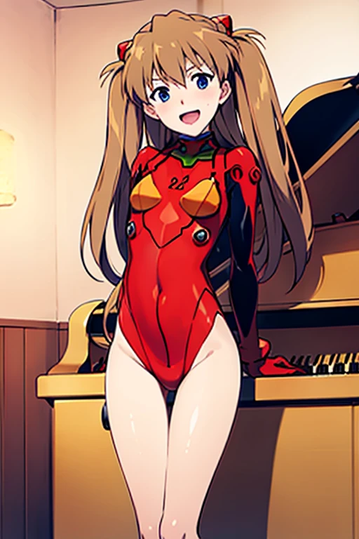 (( top quality)), ((masterpiece)), (be familiar with),  perfect face, indoor, bedroom,  watching viewers,
One woman,  Soryu Asuka Langley,
 open mouth,  ecstatic expression beside the piano, blush, smile,
 small tits,  flat chested, Young girl, Lori,  s,  girl,
 long hair,  Twin Tails ,
Leg spread,