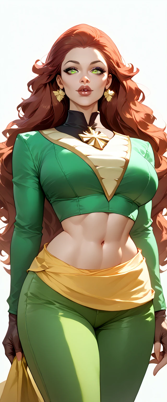 A Russian woman tender big breasted kind wavy hair longer bright red her eyes brown rectangle pupils big lips Rosa is light green military suit brushes yellow line shows navel and her light green pants wearing a yellow belt