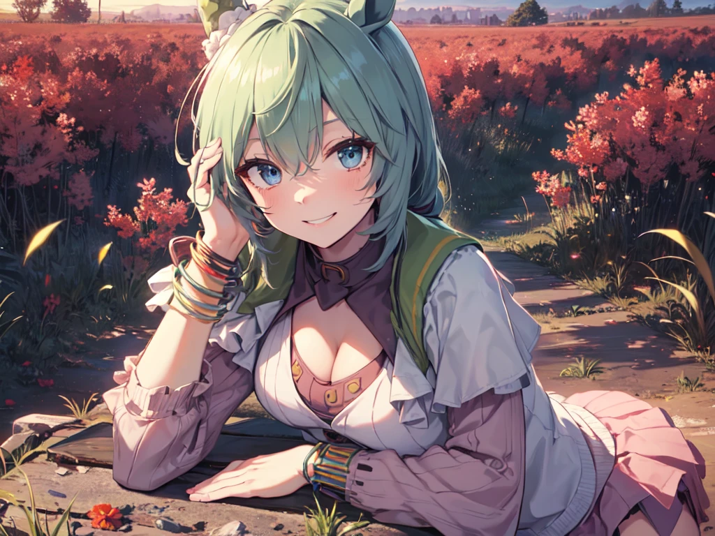 (Solo:2), (1 adult female), (Adult style), (Sexy body), (Horse ears), (Sharp facial features), (Long hair, low ponytail with big green ribbon), Leaning forward with arms crossed, (Pink outfit), (Sexy cable knit sweater), (Light green mini skirt, smiling and showing gums), (Grassland surrounded by lots of red flowers), (Sunset), (Chest emphasis, Bust shot), (Best of the best, Highest quality, High resolution, 8K)