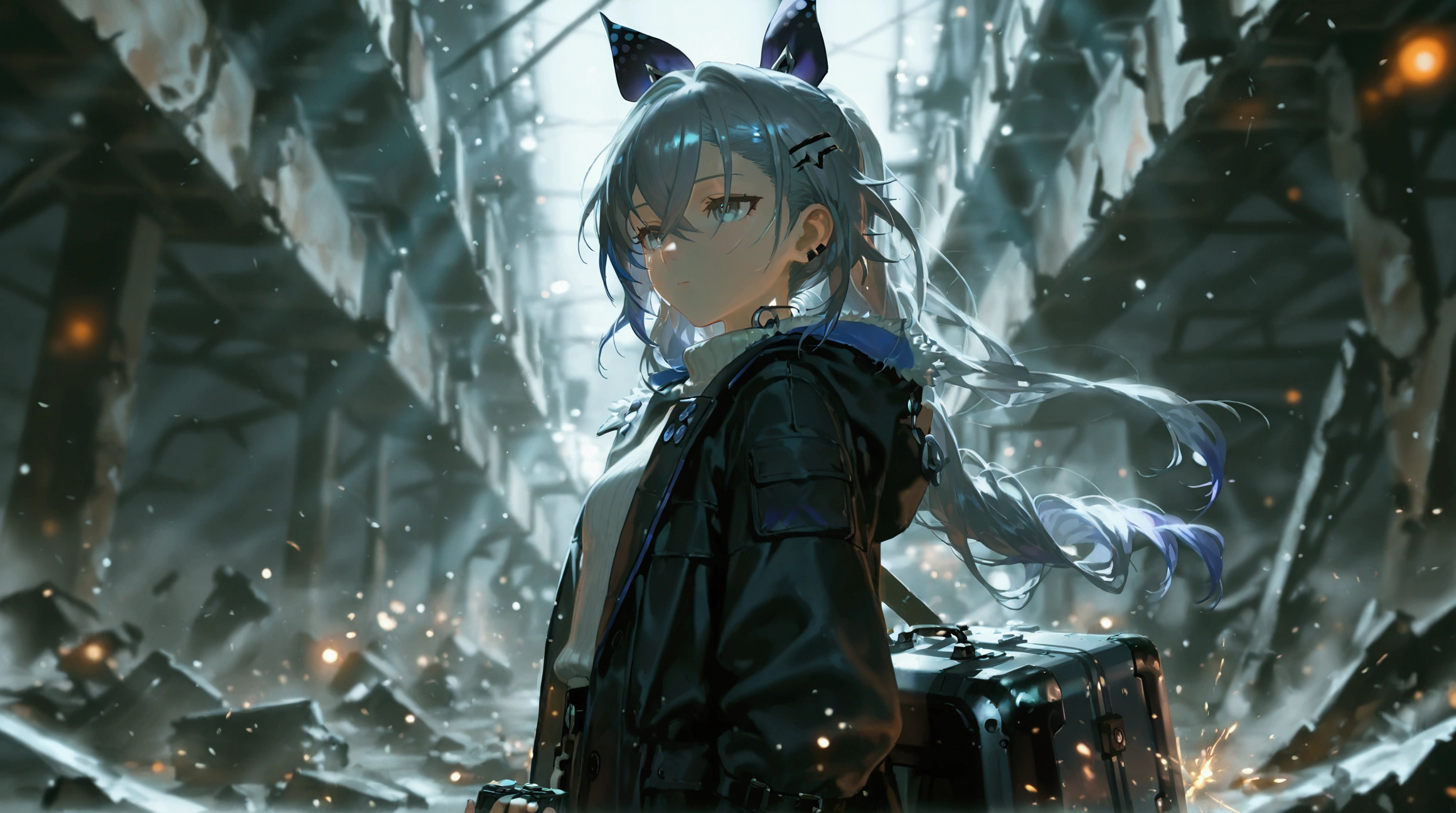 silver wolf (honkai: star rail), grey hair, long hair, 1girl, grey eyes, black coat, white sweater, black pants, fingerless gloves, full body, standing among the debris that's strewn across the floor, suitcase in hand, books and pieces of furniture of different shapes are arranged chaotically, camera high above the character, a mysterious light emanates from the wall in front, the source of the light beckoning with her hand, around sparks and particles shimmering in the air, post-apocalypse atmosphere, gray accents,cinematic lighting , cinematic angle, soft light , color detail, backlighting, Depth of field, long exposure, light steps,  intricate colors, vibrant colors,night, dark , dark background, Low-key lighting