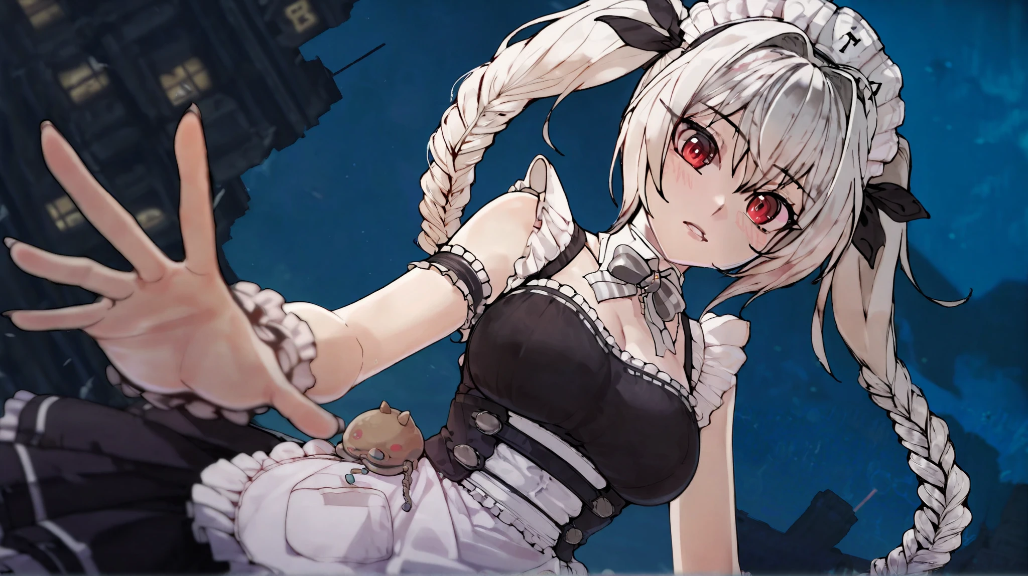 subtle close-up,Looking at viewer,Focus on character,Dynamics angle,Dynamics pose,masterpiece,  top quality,  very detailed,  1 girl,  Twin Tails ,combat maid girl, depth of field, at night,