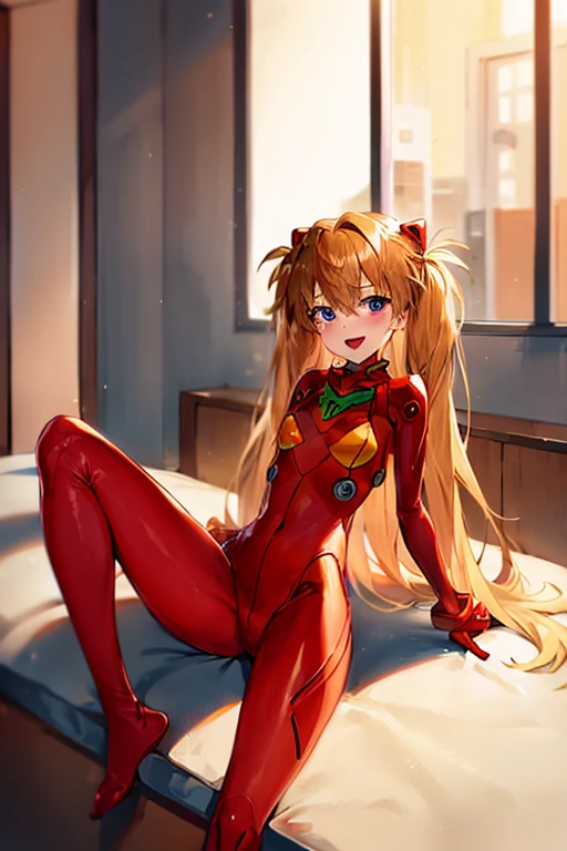 (( top quality)), ((masterpiece)), (be familiar with),  perfect face, indoor, bedroom,  watching viewers,
One woman,  Soryu Asuka Langley,
 open mouth,  ecstatic expression beside the piano, blush, smile,
 small tits,  flat chested, Young girl, Lori,  s,  girl,
 long hair,  Twin Tails ,
Leg spread,