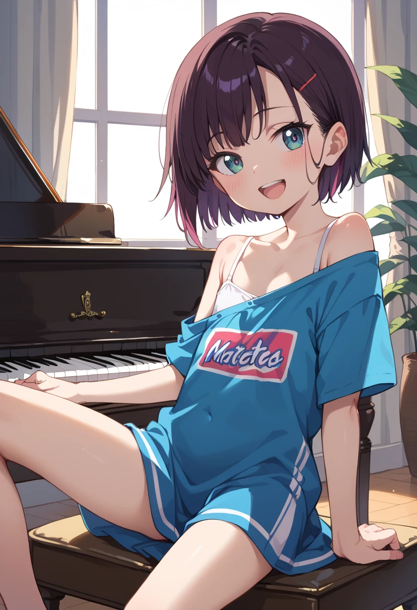 (( top quality)), ((masterpiece)), (be familiar with),  perfect face, indoor, bedroom,  watching viewers,
One woman, Mikazuki Kan,
 open mouth,  ecstatic expression beside the piano, blush, smile,
 small ,  flat chested, Young girl, Lori,  kids,  girl,
Short Hair,  short hair,
Leg spread,