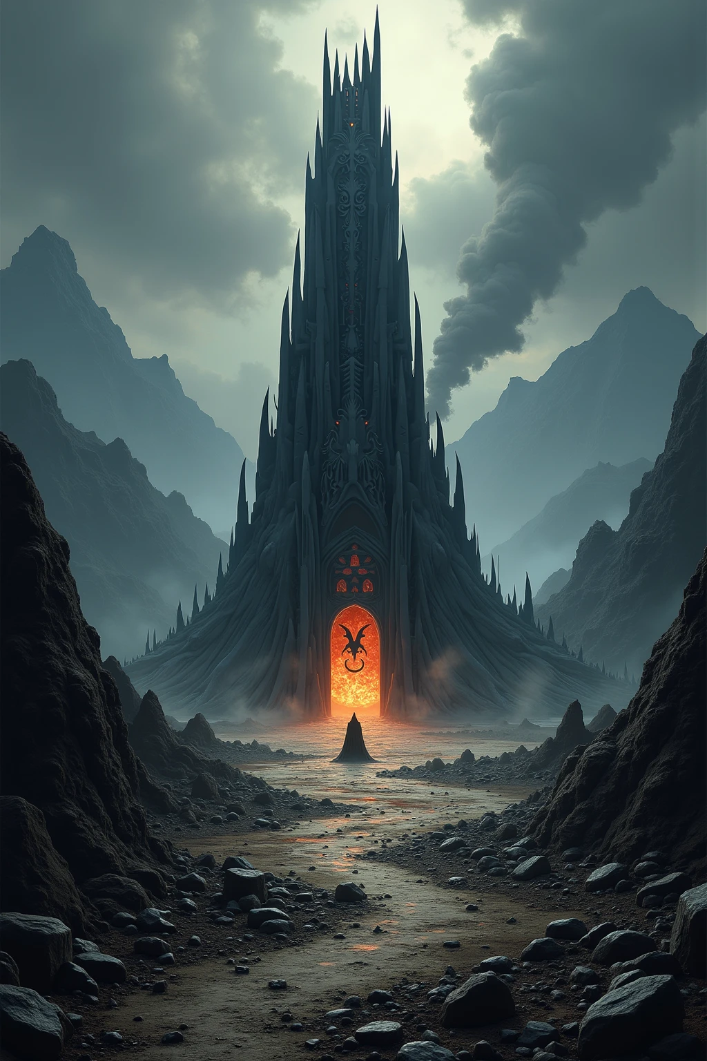 An imposing and sinister depiction of Barad-dûr, the Dark Tower of Sauron, dominating the desolate, ash-choked wasteland of Mordor. The fortress rises like a jagged spear from the earth, its colossal, blackened structure seemingly carved from the shadows themselves. The tower is adorned with spiked battlements, sharp edges, and cruel architecture that reflects its evil purpose.

At the summit of the tower, the fiery Eye of Sauron burns with an intense, unholy light, its piercing gaze sweeping across the land. The Eye is surrounded by dark, curling smoke and flickering flames, casting an oppressive red and orange glow over the highest spires of the tower. Jagged beams of light and shadow shoot outward, emphasizing the Eye’s watchful dominance.

The surrounding landscape is barren and lifeless, covered in jagged rocks and cracked earth, with rivers of molten lava snaking through the ground, their fiery glow contrasting against the dark, oppressive tones of the scene. The horizon is obscured by a thick wall of blackened clouds, pierced only by the occasional streak of lightning that momentarily illuminates the desolation.

In the distance, the massive silhouette of Mount Doom looms, its fiery eruption lighting up the sky with an apocalyptic glow. The faint outlines of twisted, skeletal trees and crumbling ruins dot the foreground, remnants of a world consumed by darkness.

Rendered in a polished digital style with intricate detailing, the image uses bold contrasts between deep blacks, fiery reds, and ominous oranges to emphasize the malevolence of Barad-dûr. The dramatic lighting and sharp textures capture the overwhelming presence of Sauron’s fortress, embodying the heart of evil in Middle-earth. Background: a throne-room, at the wall a black shield with three red dragons. 
 Use classic comic-style inking, with bold outlines and vibrant colors, polished with a glossy digital finish. The image should be highly detailed and should use contrasting light effects