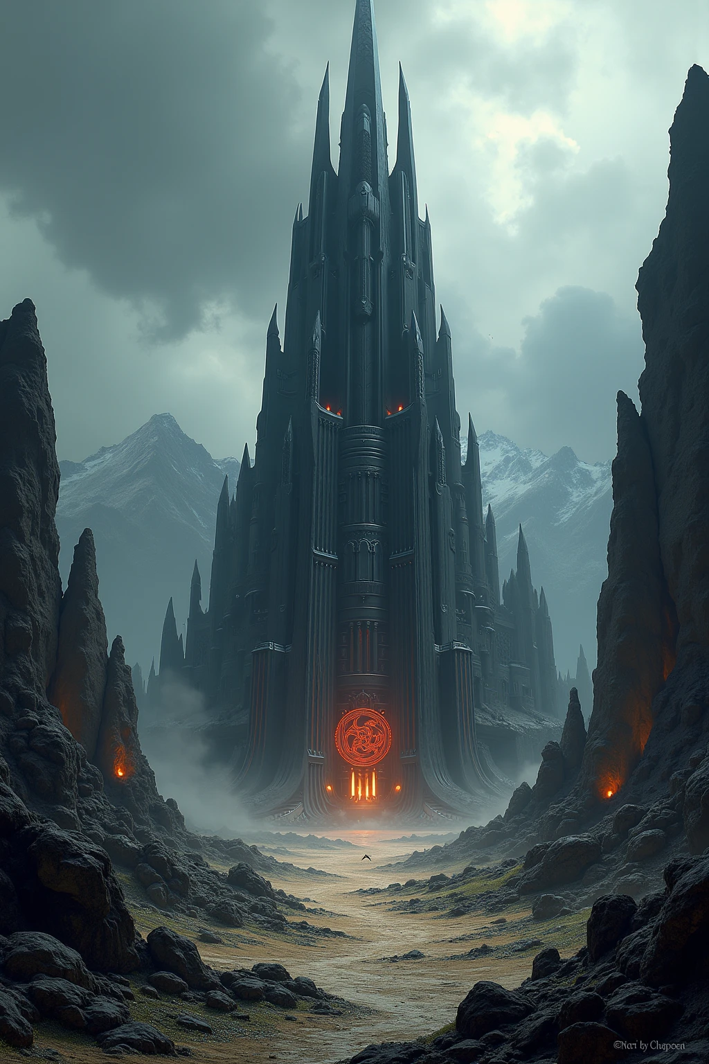 An imposing and sinister depiction of Barad-dûr, the Dark Tower of Sauron, dominating the desolate, ash-choked wasteland of Mordor. The fortress rises like a jagged spear from the earth, its colossal, blackened structure seemingly carved from the shadows themselves. The tower is adorned with spiked battlements, sharp edges, and cruel architecture that reflects its evil purpose.

At the summit of the tower, the fiery Eye of Sauron burns with an intense, unholy light, its piercing gaze sweeping across the land. The Eye is surrounded by dark, curling smoke and flickering flames, casting an oppressive red and orange glow over the highest spires of the tower. Jagged beams of light and shadow shoot outward, emphasizing the Eye’s watchful dominance.

The surrounding landscape is barren and lifeless, covered in jagged rocks and cracked earth, with rivers of molten lava snaking through the ground, their fiery glow contrasting against the dark, oppressive tones of the scene. The horizon is obscured by a thick wall of blackened clouds, pierced only by the occasional streak of lightning that momentarily illuminates the desolation.

In the distance, the massive silhouette of Mount Doom looms, its fiery eruption lighting up the sky with an apocalyptic glow. The faint outlines of twisted, skeletal trees and crumbling ruins dot the foreground, remnants of a world consumed by darkness.

Rendered in a polished digital style with intricate detailing, the image uses bold contrasts between deep blacks, fiery reds, and ominous oranges to emphasize the malevolence of Barad-dûr. The dramatic lighting and sharp textures capture the overwhelming presence of Sauron’s fortress, embodying the heart of evil in Middle-earth. Background: a throne-room, at the wall a black shield with three red dragons. 
 Use classic comic-style inking, with bold outlines and vibrant colors, polished with a glossy digital finish. The image should be highly detailed and should use contrasting light effects