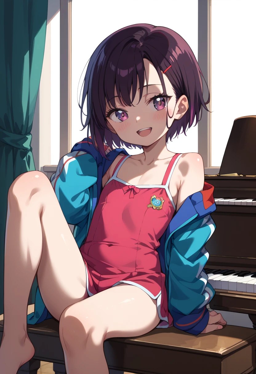 (( top quality)), ((masterpiece)), (be familiar with),  perfect face, indoor, bedroom,  watching viewers,
One woman, Mikazuki Kan,
 open mouth,  ecstatic expression beside the piano, blush, smile,
 small ,  flat chested, Young girl, Lori,  kids,  girl,
Short Hair,  short hair,
Leg spread,