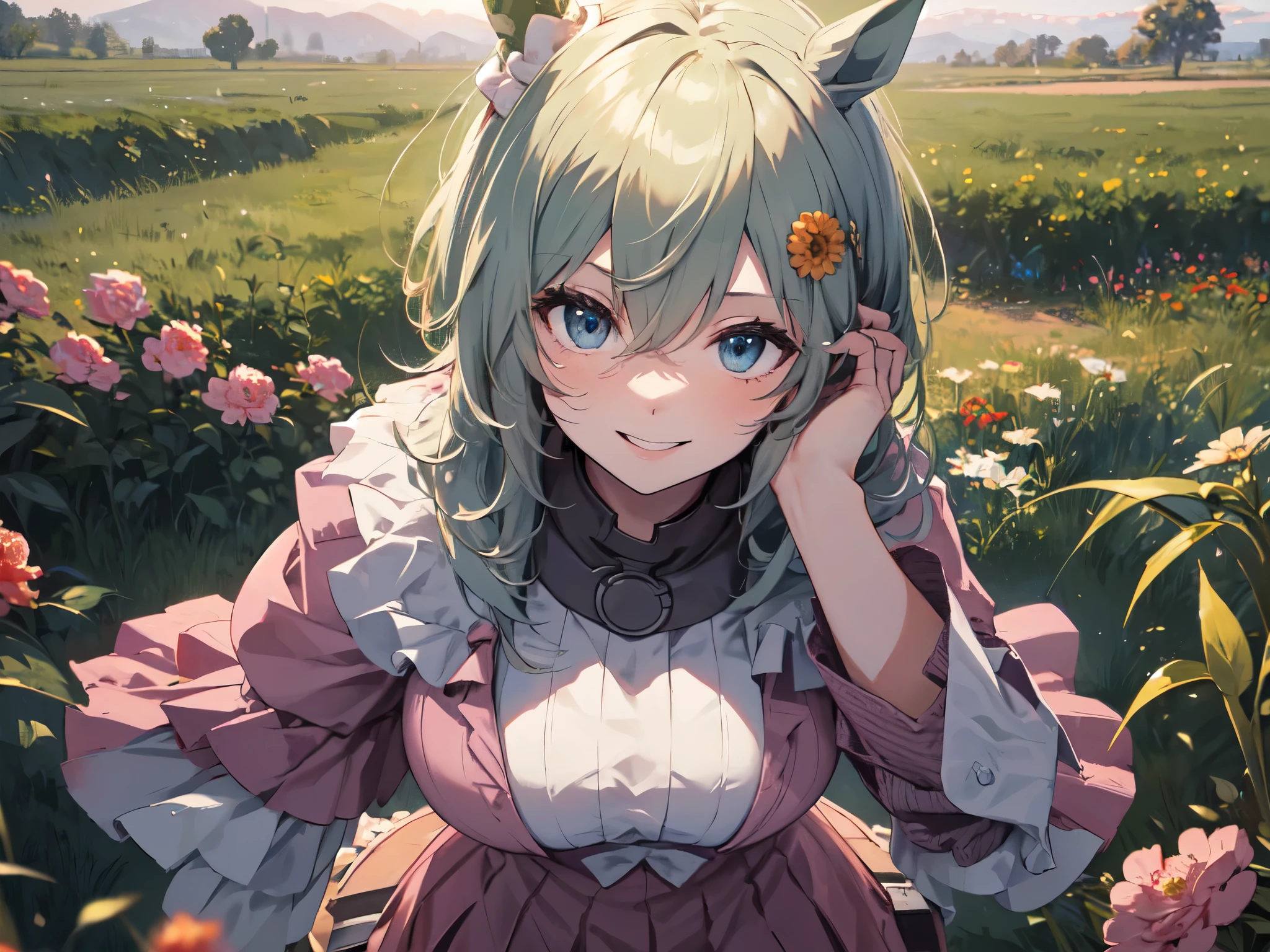 (Solo:2), (1 adult female), (Adult style), (Sexy body), (Horse ears), (Sharp facial features), (Long hair, low ponytail with big green ribbon), Leaning forward with arms crossed, (Pink outfit), (Sexy cable knit sweater), (Light green mini skirt, smiling and showing gums), (Grassland surrounded by lots of red flowers), (Sunset), (Chest emphasis, Bust shot), (Best of the best, Highest quality, High resolution, 8K)