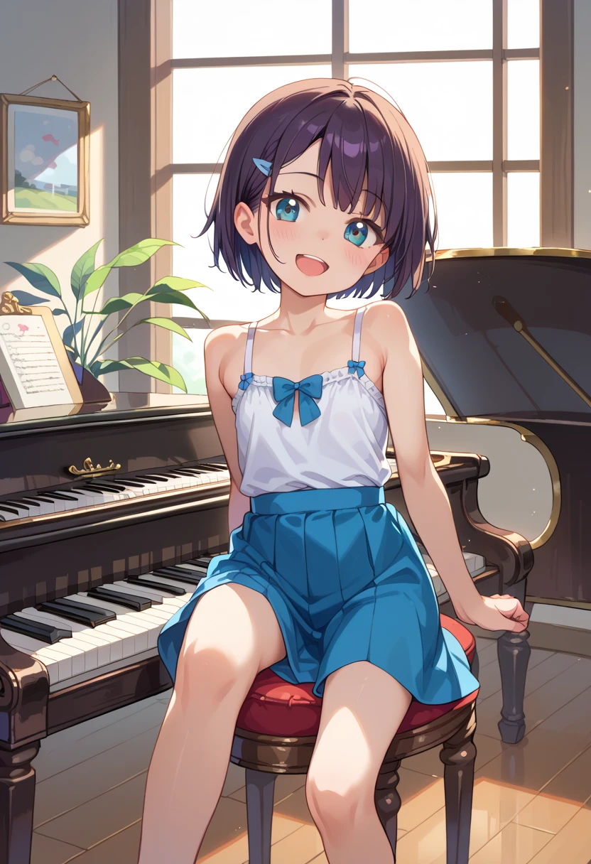 (( top quality)), ((masterpiece)), (be familiar with),  perfect face, indoor, bedroom,  watching viewers,
One woman, Mikazuki Kan,
 open mouth,  ecstatic expression beside the piano, blush, smile,
 small ,  flat chested, Young girl, Lori,  kids,  girl,
Short Hair,  short hair,
Leg spread,