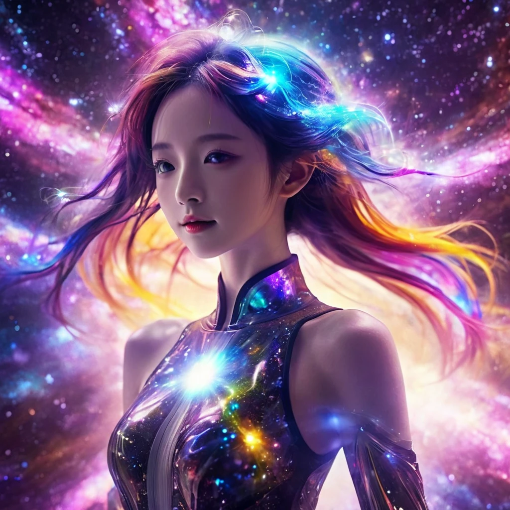   nebula floating in space  、whole body、,  top quality,  High Definition CG Integrated 8K Wallpaper ,  movie lights,  lens flare,  eyes with beautiful details, black,  Side View,  Multicolored Hair, Rich and colorful light, particle, 、 girl、Laugh without fear、 rainbow hair、Big Bang Girl,The edge of the universe can be seen on the lining、Dark matter、 energy 、Retro and psychedelic、Creating miracles with a single photon、From Blink to Quasar、that&#39;Too bright to keep watching 、 superbursts attract you