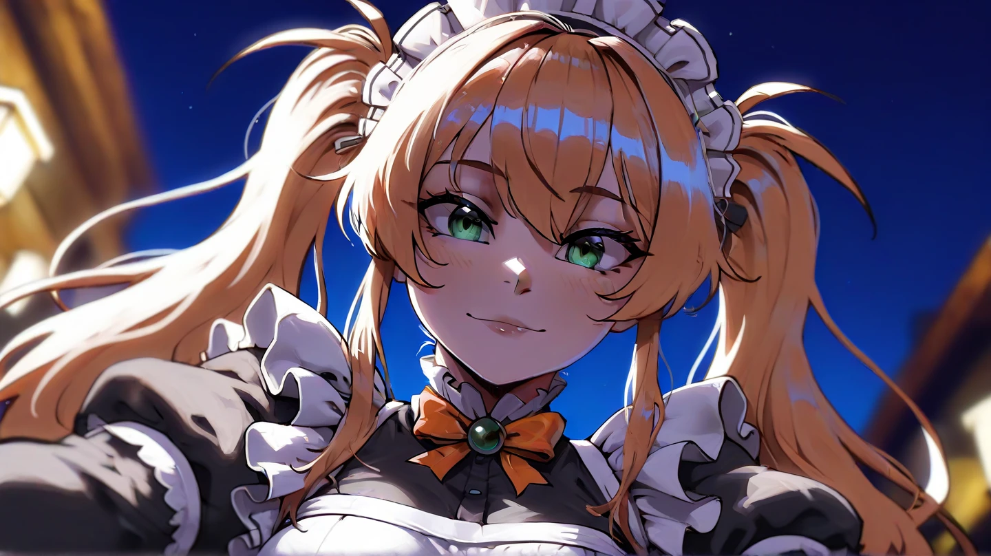 subtle close-up,Looking at viewer,Focus on character,Dynamics angle,Dynamics pose,masterpiece,  top quality,  very detailed,  1 girl,  Twin Tails ,combat maid girl, depth of field, at night,