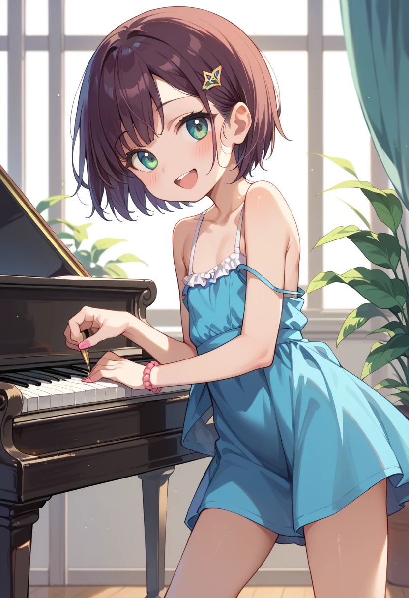 (( top quality)), ((masterpiece)), (be familiar with),  perfect face, indoor, bedroom,  watching viewers,
One woman, Mikazuki Kan,
 open mouth,  ecstatic expression beside the piano, blush, smile,
 small ,  flat chested, Young girl, Lori,  kids,  girl,
Short Hair,  short hair,
Leg spread,