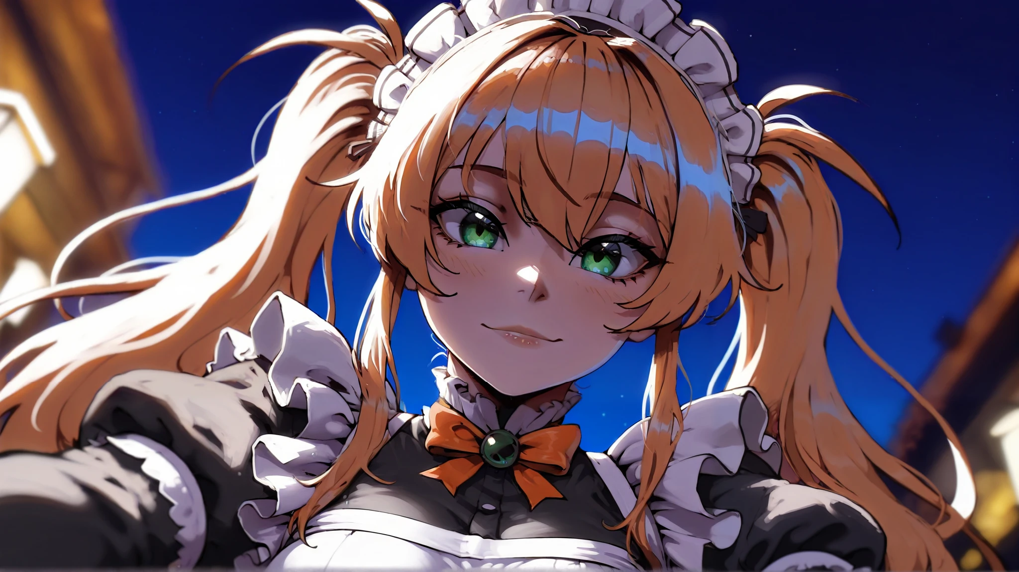 subtle close-up,Looking at viewer,Focus on character,Dynamics angle,Dynamics pose,masterpiece,  top quality,  very detailed,  1 girl,  Twin Tails ,combat maid girl, depth of field, at night,