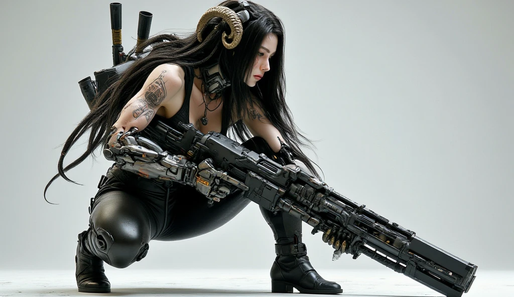  Create an ultra realistic full-body image of a beautiful 18-year-old woman, wearing a gothic bikini , And black leather pants , huge boobs and deep V-neck , the skin of the branch is pale, long black hair, gothic,  sheep horns on the head ,  Very big boobs, robotic arms, Crouched in combat pose holding a bazooka.