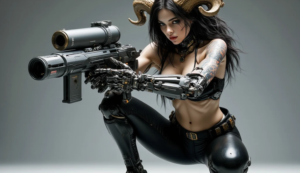  Create an ultra realistic full-body image of a beautiful 18-year-old woman, wearing a gothic bikini , And black leather pants , huge boobs and deep V-neck , the skin of the branch is pale, long black hair, gothic,  sheep horns on the head ,  Very big boobs, robotic arms, Crouched in combat pose holding a bazooka.