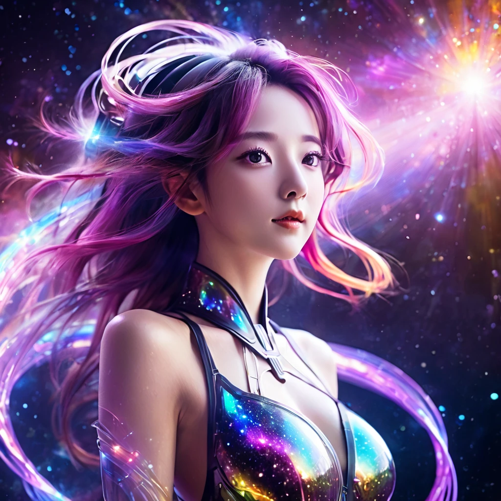   nebula floating in space  、whole body、,  top quality,  High Definition CG Integrated 8K Wallpaper ,  movie lights,  lens flare,  eyes with beautiful details, black,  Side View,  Multicolored Hair, Rich and colorful light, particle, 、 girl、Laugh without fear、 rainbow hair、Big Bang Girl,The edge of the universe can be seen on the lining、Dark matter、 energy 、Retro and psychedelic、Creating miracles with a single photon、From Blink to Quasar、that&#39;Too bright to keep watching 、 superbursts attract you