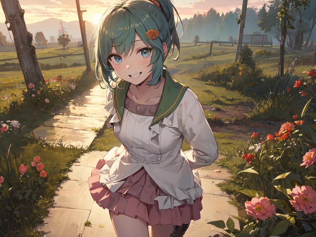 (Solo:2), (1 adult female), (Adult style), (Sexy body), (Human ears), (Sharp facial features), (Long hair, big green ribbon in low ponytail), Leaning forward with arms crossed, (Pink outfit), (Sexy cable knit sweater), (Light green mini skirt smiling showing gums), (Grassland surrounded by lots of red flowers), (Sunset), (Chest emphasis, Bust shot), (Best of the best, Highest quality, High resolution, 8K)