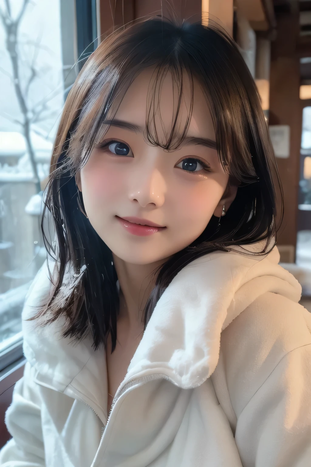   top quality、   super high resolution  、Big Breasts、   perfect face、   beautiful expression   、  facial beauty、     beautiful eyes  、  young woman 、 snow outside the window、cold、 smiles、 Christmas、White Breath、 Fantastic Scenery 、Turn your palms towards me、Light in your hands