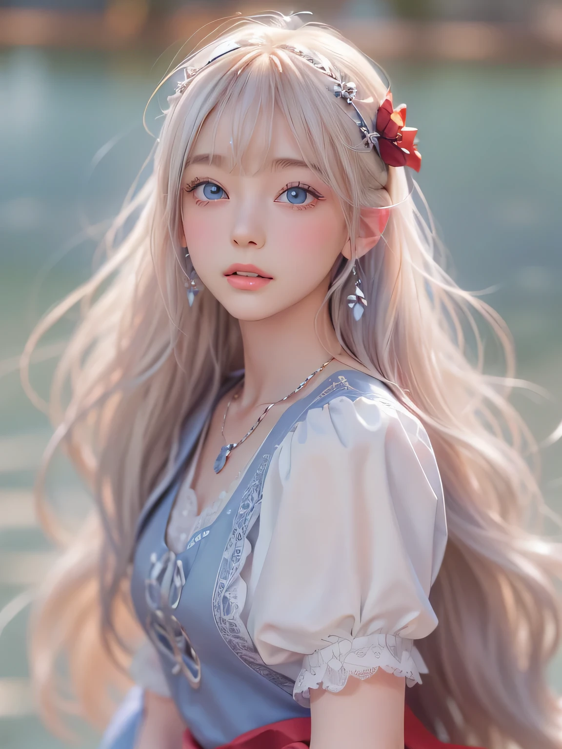 （（best qualtiy））， （（tmasterpiece））， （detail：1.4）， Beautiful cyberpunk female images，hdr（HighDynamicRange），Ray traching，NVIDIA RTX，Hyper-Resolution，illusory 5，sub surface scattering，PBR textures，post-proces，Anisotropy Filtering，depth of fields，maximum definition and sharpness，Many-Layer Textures，Albedo e mapas Speculares，Surface coloring，Mitsu-Accurate simulation of material interactions，perfectly proportioned，rendering by octane，Two-colored light，largeaperture，Low ISO，White balance，Rule three points、8K raw data、Beautiful bright blue pupils，off-the-shoulder clothes，Fine pupils，Delicate face and eyes，long eyelasher，Blushlush，Delicate and fluffy hair，pink lip，Pure，Cute face，Sweet girl，Artistic sense，Casual wear，Advancedsense，butterflys，Cherry blossom petal，Beautiful hair accessories，Long hair and waist，Hair fluttering in the wind，Snow-white fox ears，curlies，Snow-white fluffy tail，Positive light，The light from the back window is backlighted