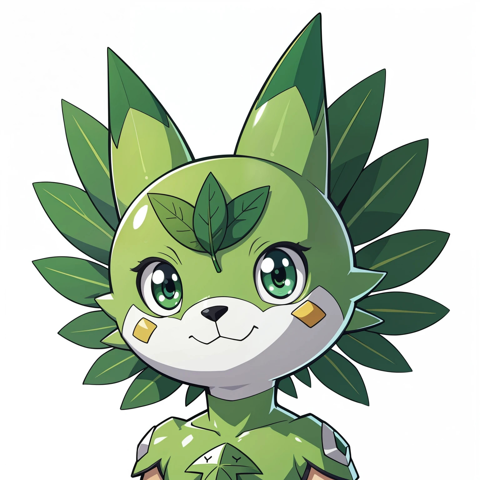 1girl, human, white background, head, plant, cute, green, symbol leaf crest, shiny, cartoon, character, digi, art style digimon, 