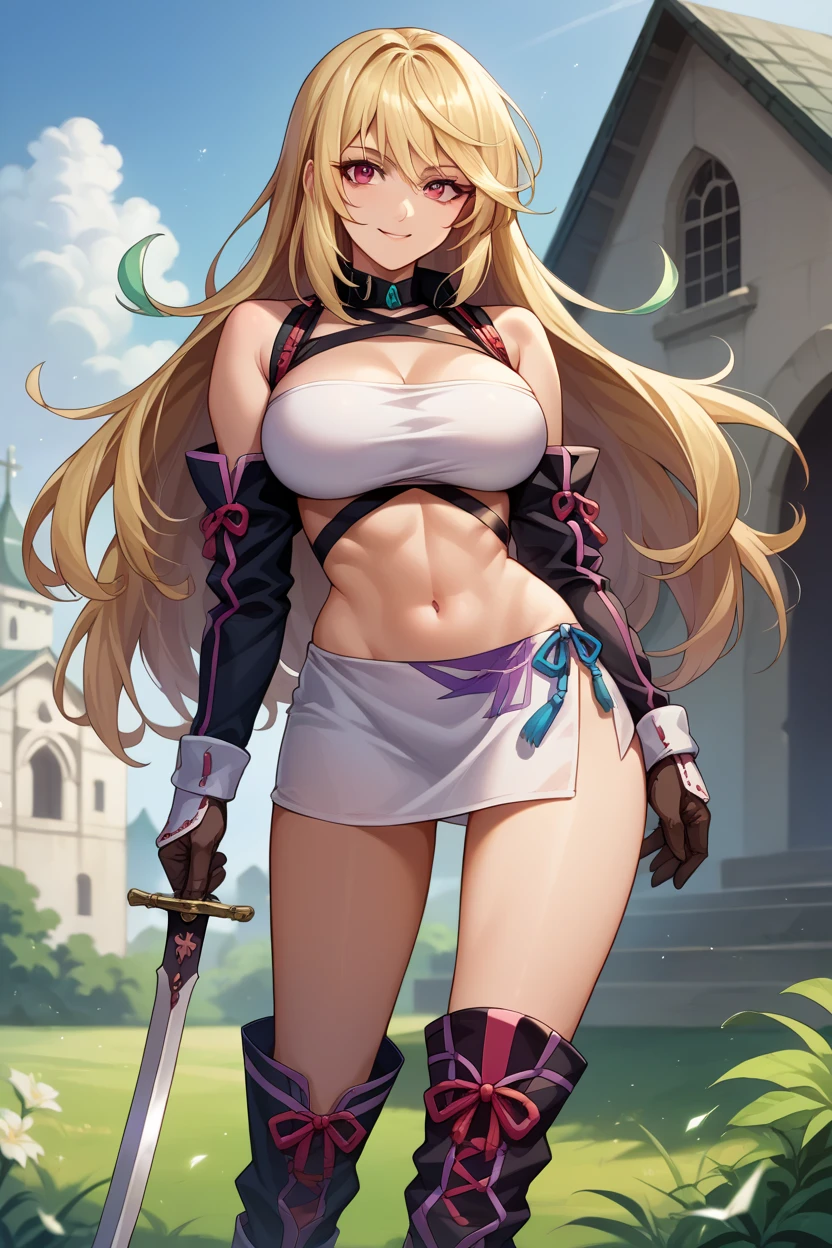 score_9, score_8_up, score_7_up, score_6_up,  source_Anime, Alone,  tox1milla , Blonde, Multicolored Hair,  ,   white tube top  , Black strap, Harness, Broken Up , Black sleeves,  Black Gloves ,  white miniskirt , Knee Boots, Big Breasts, cowboy shot,   knight  sky, Field,   knight , looking at you,  inappropriate smile, Majestic Church Backgrounds 、 holds a Western-style sword in a cool way、