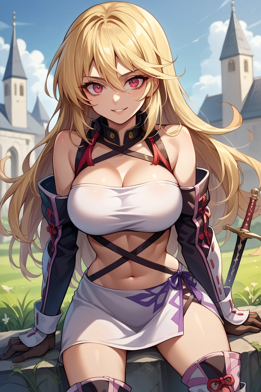 score_9, score_8_up, score_7_up, score_6_up,  source_Anime, Alone,  tox1milla , Blonde, Multicolored Hair,  ,   white tube top  , Black strap, Harness, Broken Up , Black sleeves,  Black Gloves ,  white miniskirt , Knee Boots, Big Breasts, cowboy shot,   knight  sky, Field,   knight , looking at you,  inappropriate smile, Majestic Church Backgrounds 、 holds a Western-style sword in a cool way、