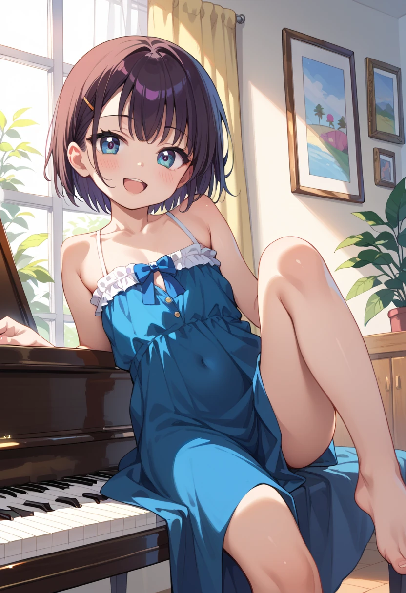 (( top quality)), ((masterpiece)), (be familiar with),  perfect face, indoor, bedroom,  watching viewers,
One woman, Mikazuki Kan,
 open mouth,  ecstatic expression beside the piano, blush, smile,
 small ,  flat chested, Young girl, Lori,  kids,  girl,
Short Hair,  short hair,
Leg spread,